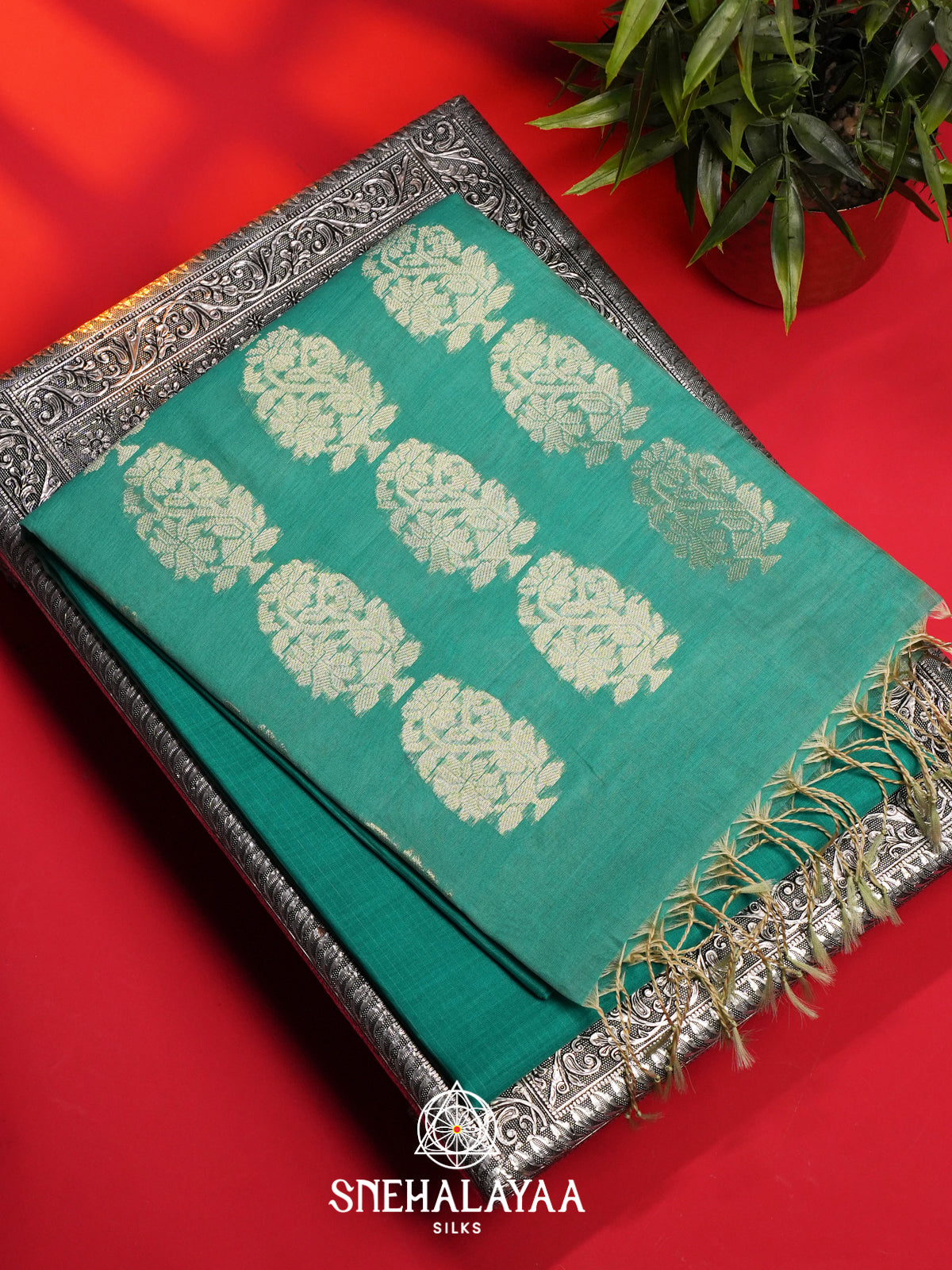 Teal Kora Silk Cotton Saree