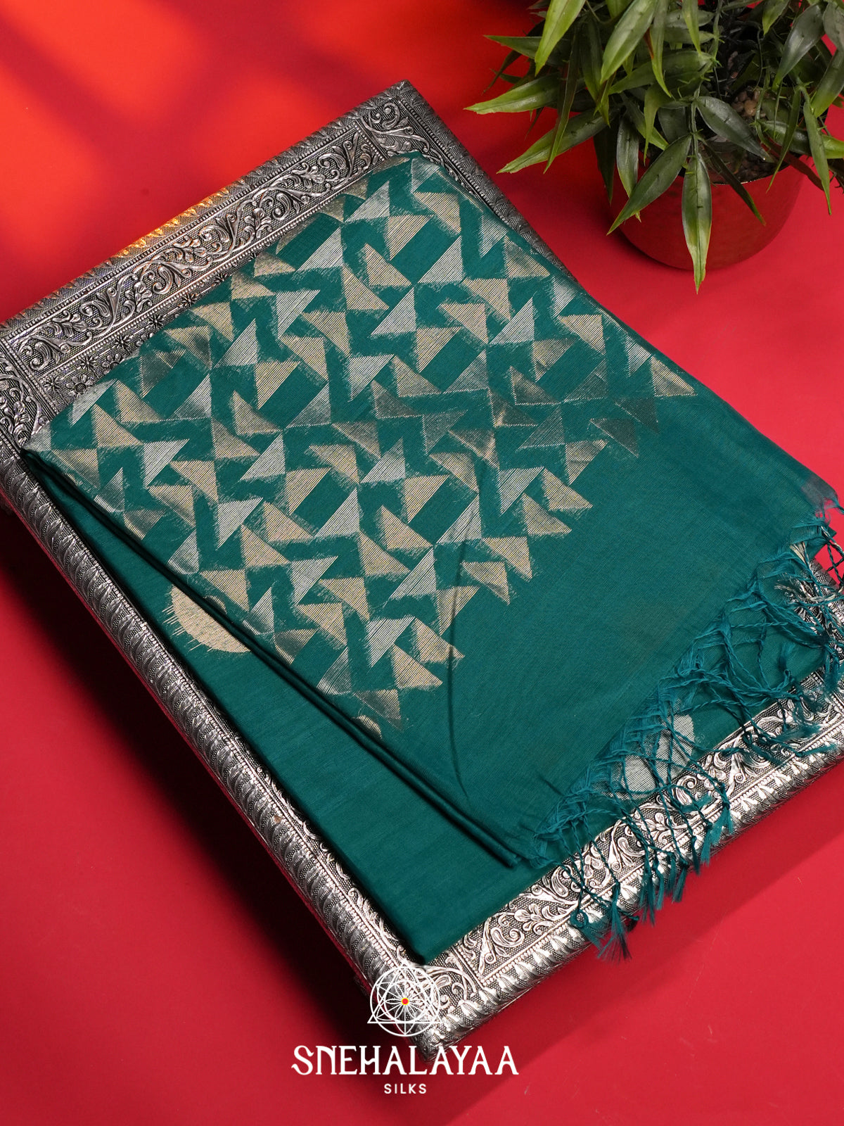 Teal Green Kora Silk Cotton Saree