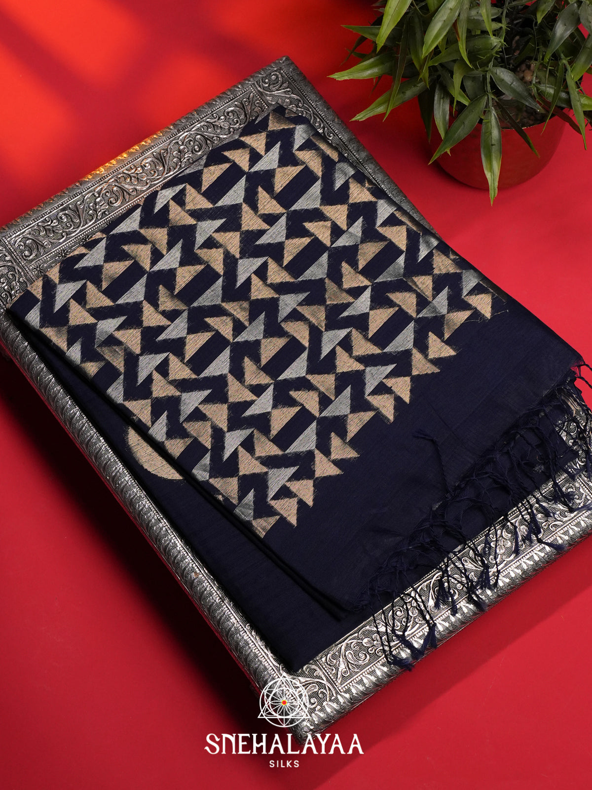 Navy Blue Kora Silk Cotton Saree