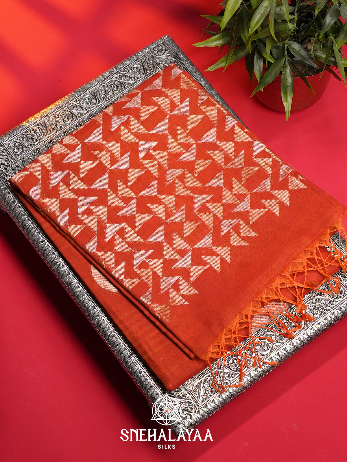 Coral Orange Kora Silk Cotton Saree