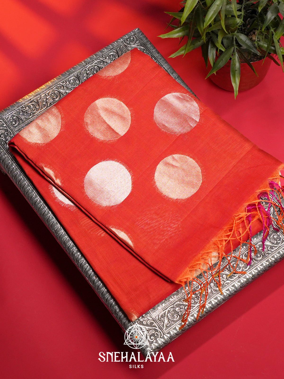 Coral Orange Kora Silk Cotton Saree