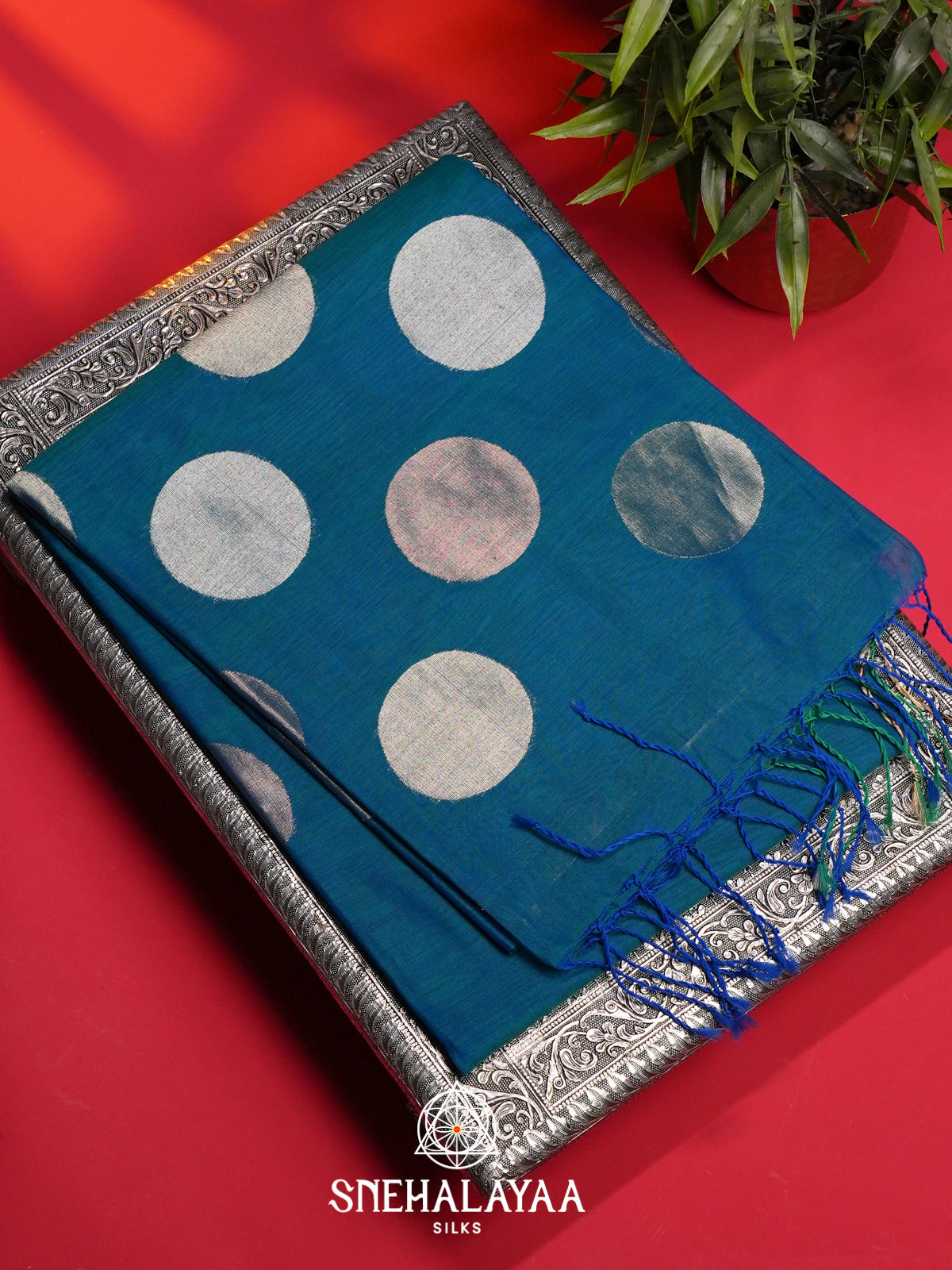 Peacock Blue Kora Silk Cotton Saree