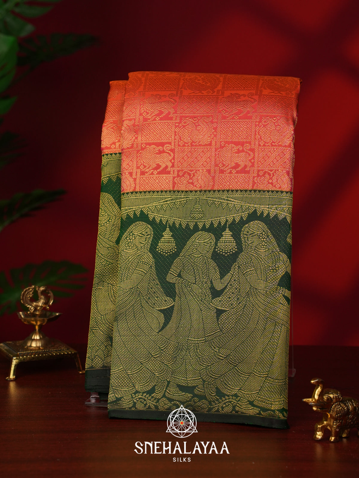 Coral Orange Kanjivaram Silk Saree