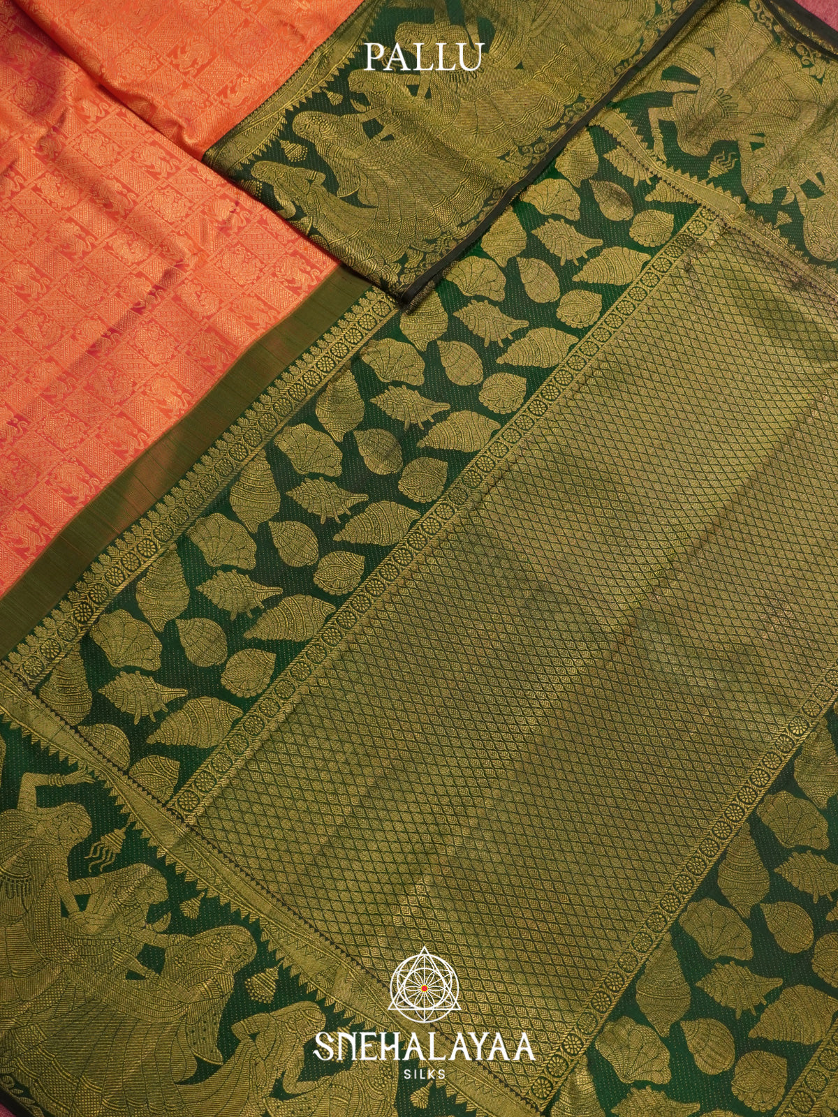 Coral Orange Kanjivaram Silk Saree