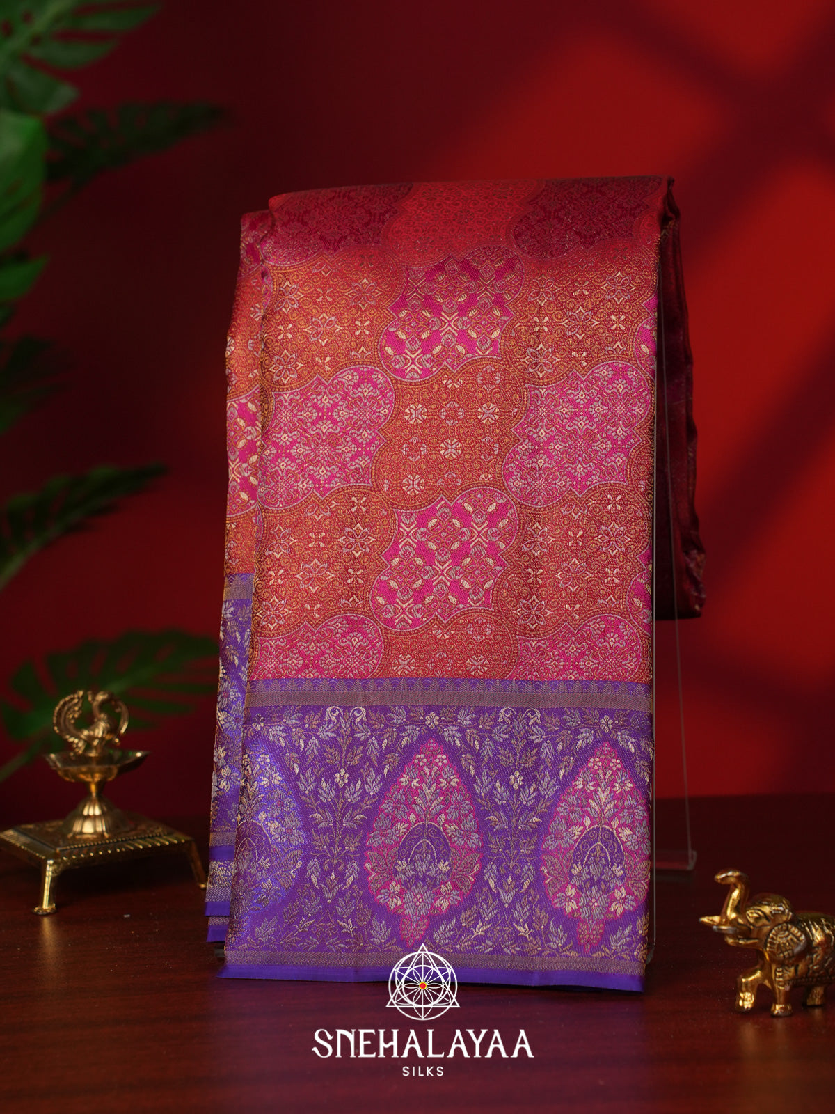 Coral Red Kanjivaram Silk Saree