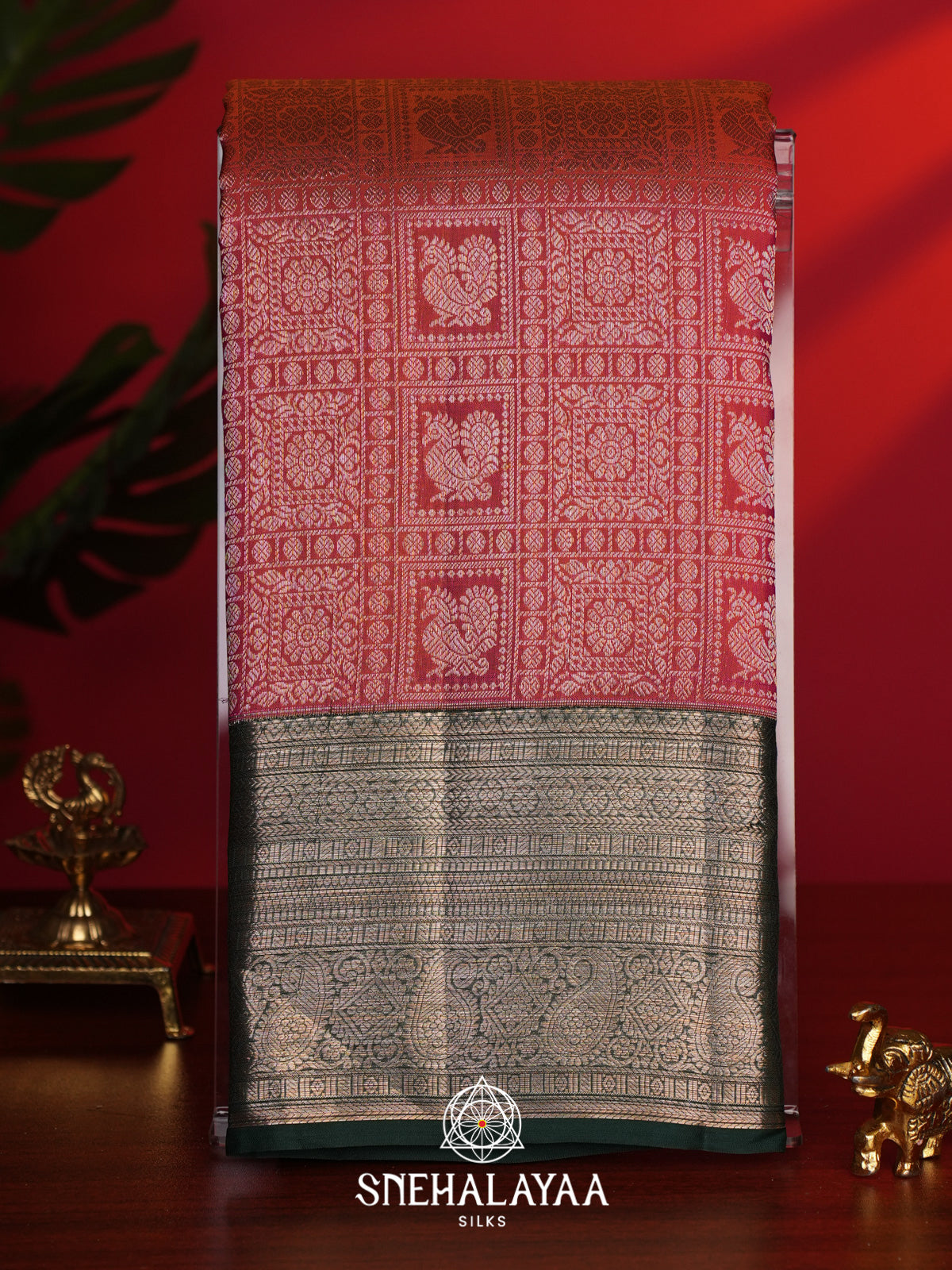 Coral Red Kanjivaram Silk Saree