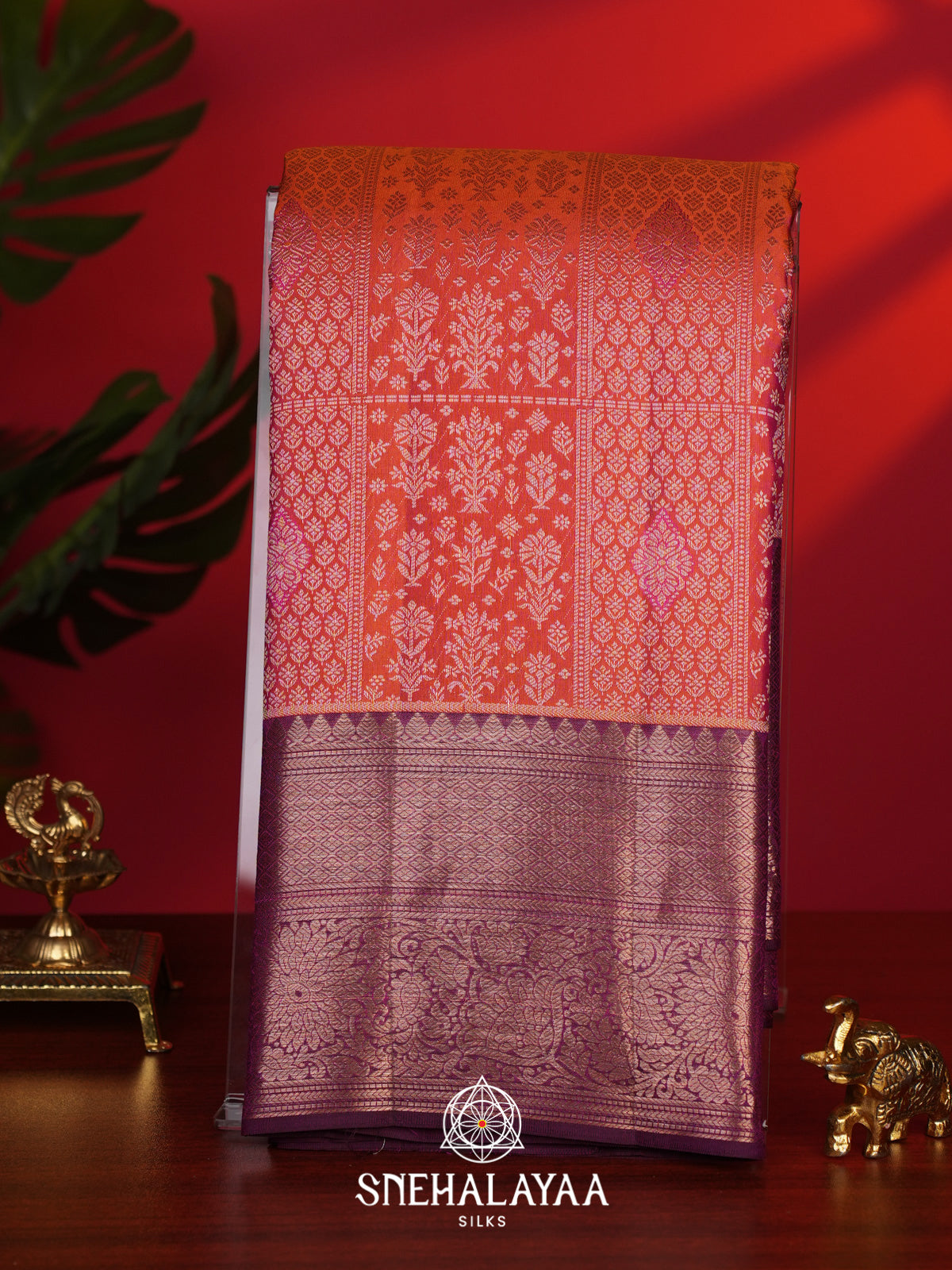 Coral Orange Kanjivaram Silk Saree