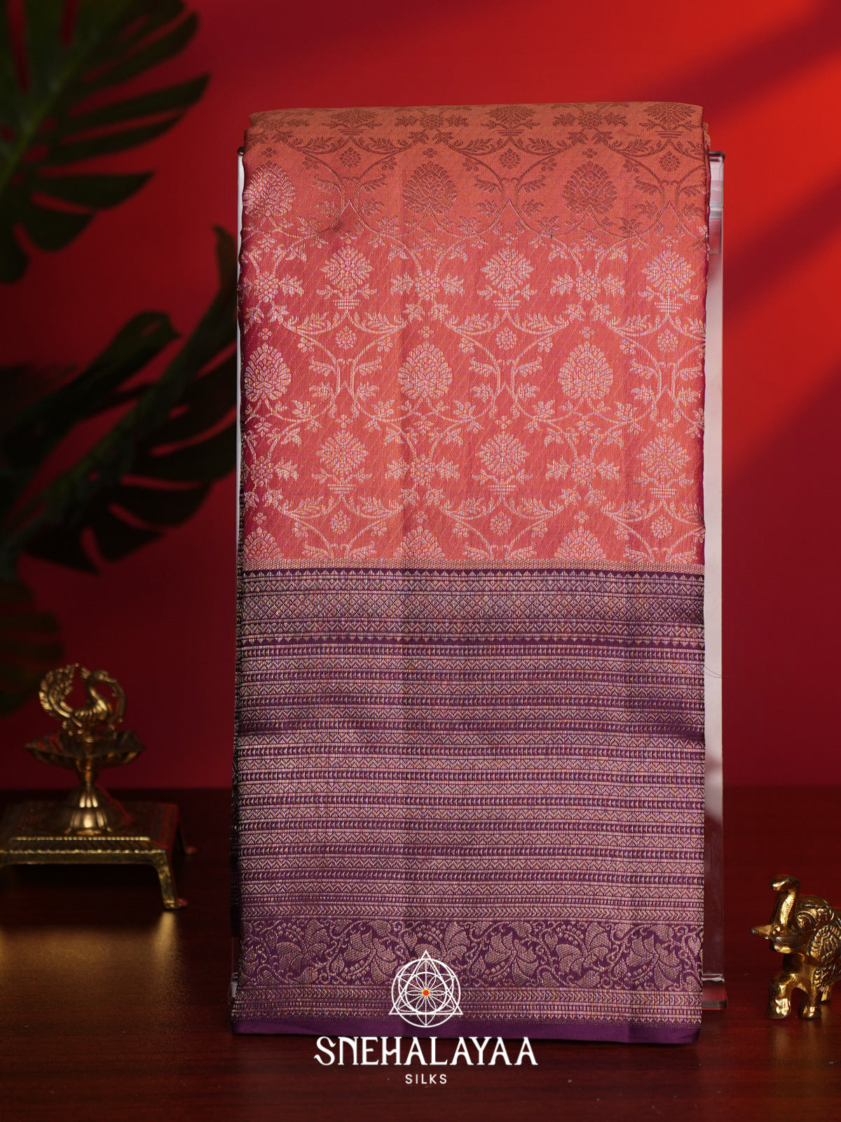 Coral Peach Kanjivaram Silk Saree