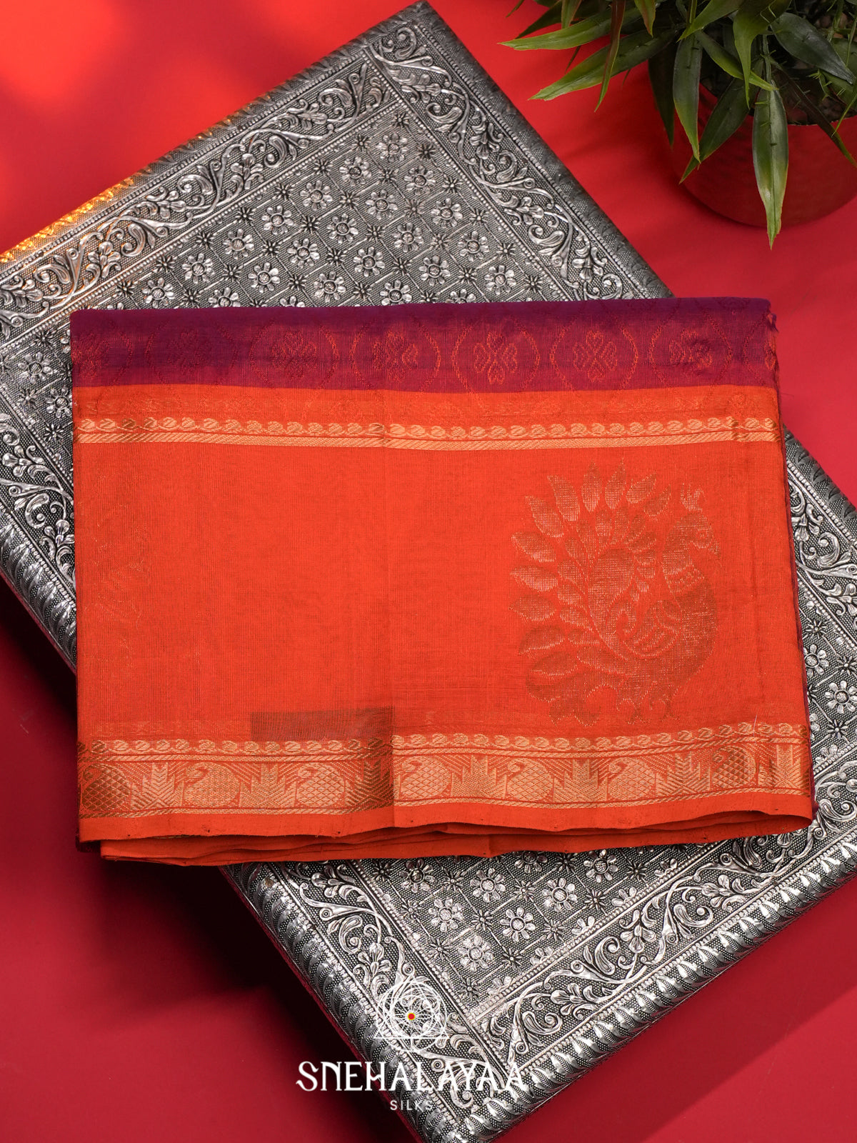 Coral Red Mangalagiri Silk Cotton Saree