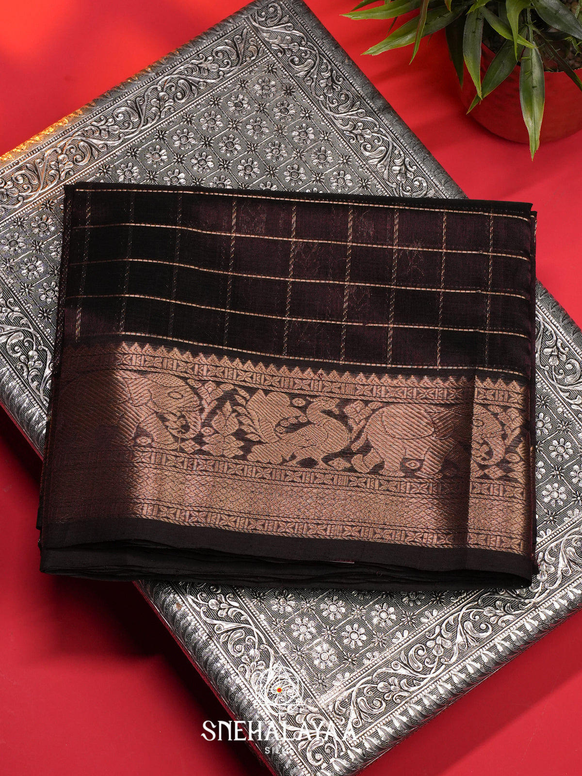 Chocolate Brown Mangalagiri Silk Cotton Saree
