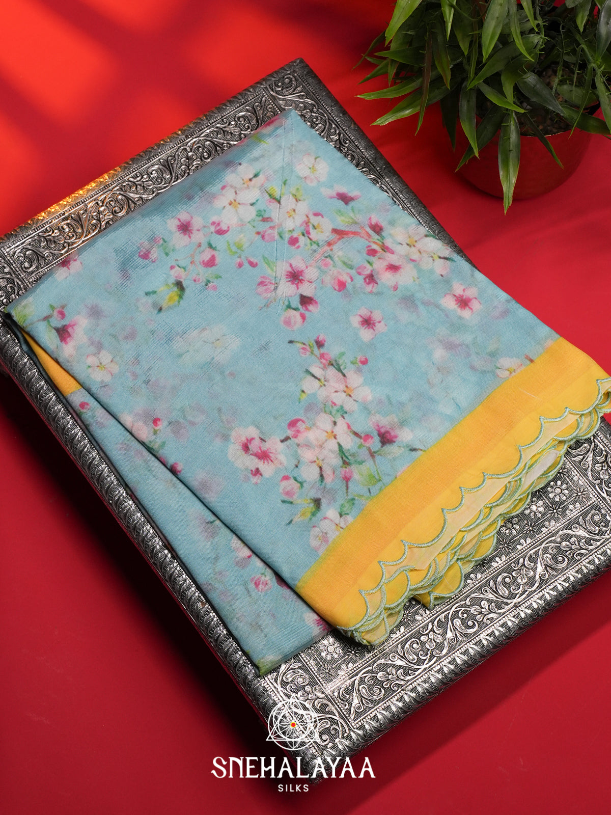 Sky Blue Printed Mangalagiri Silk Cotton Saree