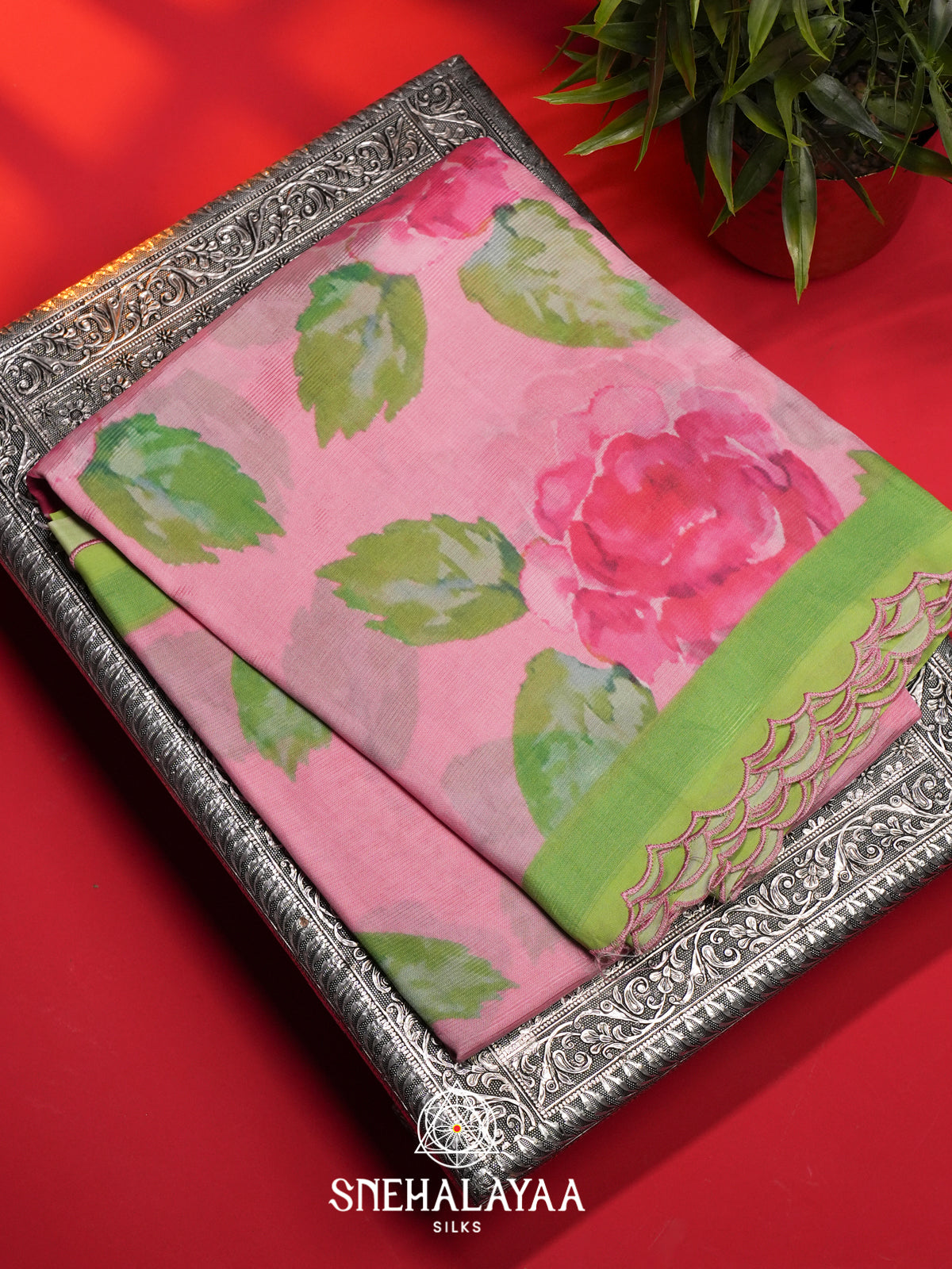 Baby Pink Printed Mangalagiri Silk Cotton Saree