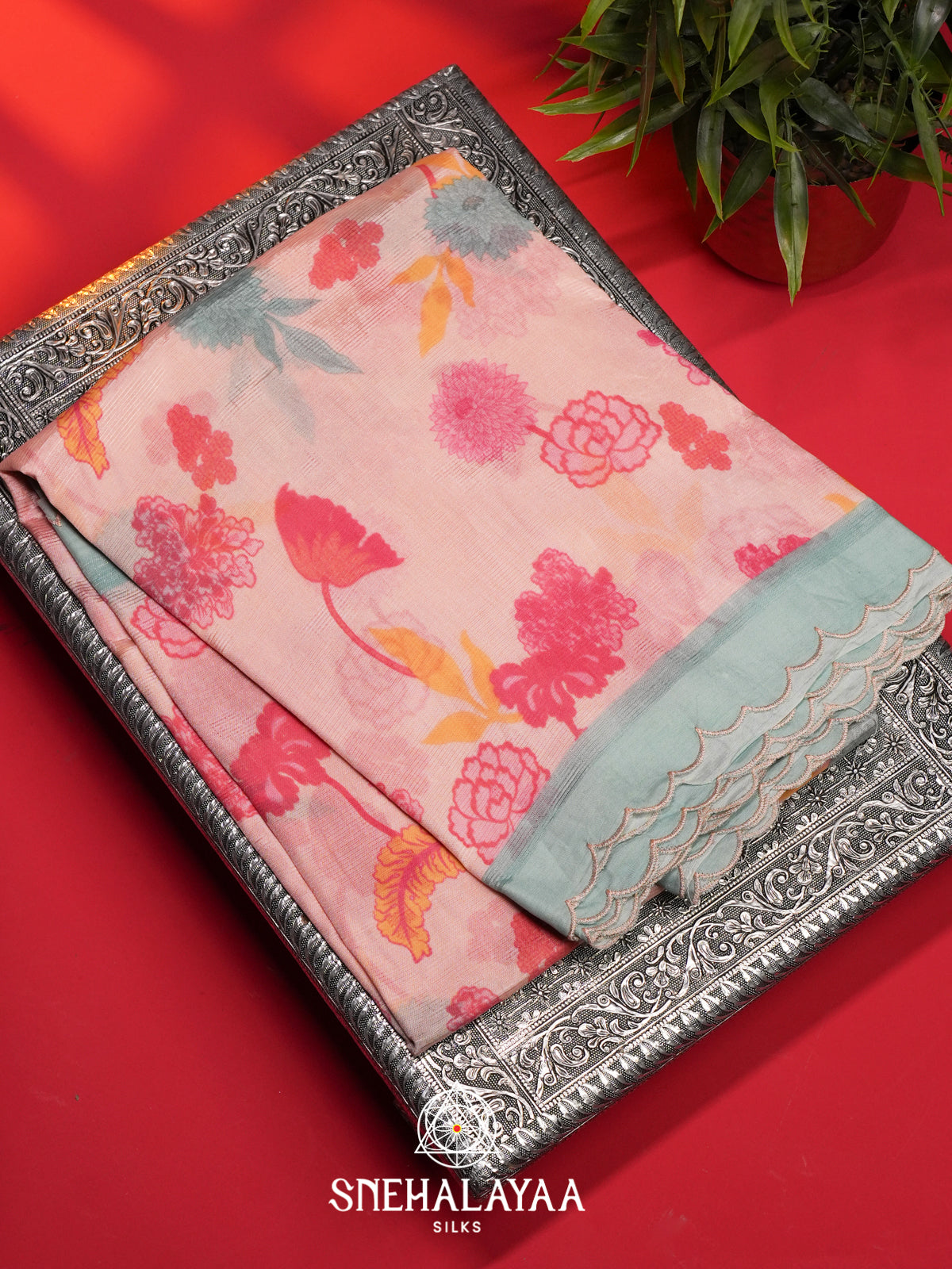 Blush Pink Printed Mangalagiri Silk Cotton Saree