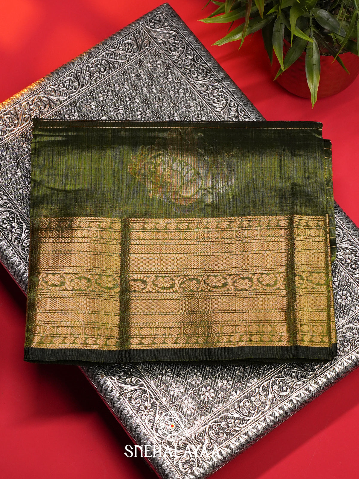 Olive Green Mangalagiri Silk Cotton Saree