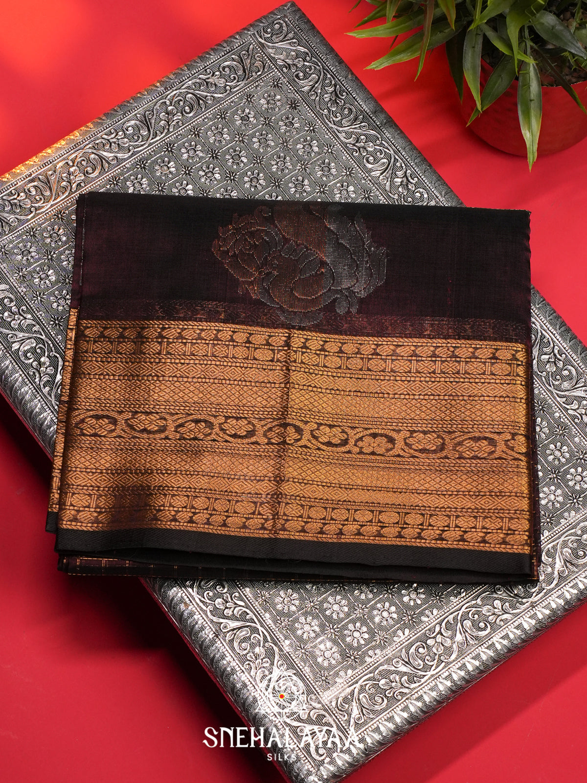 Chocolate Brown Mangalagiri Silk Cotton Saree