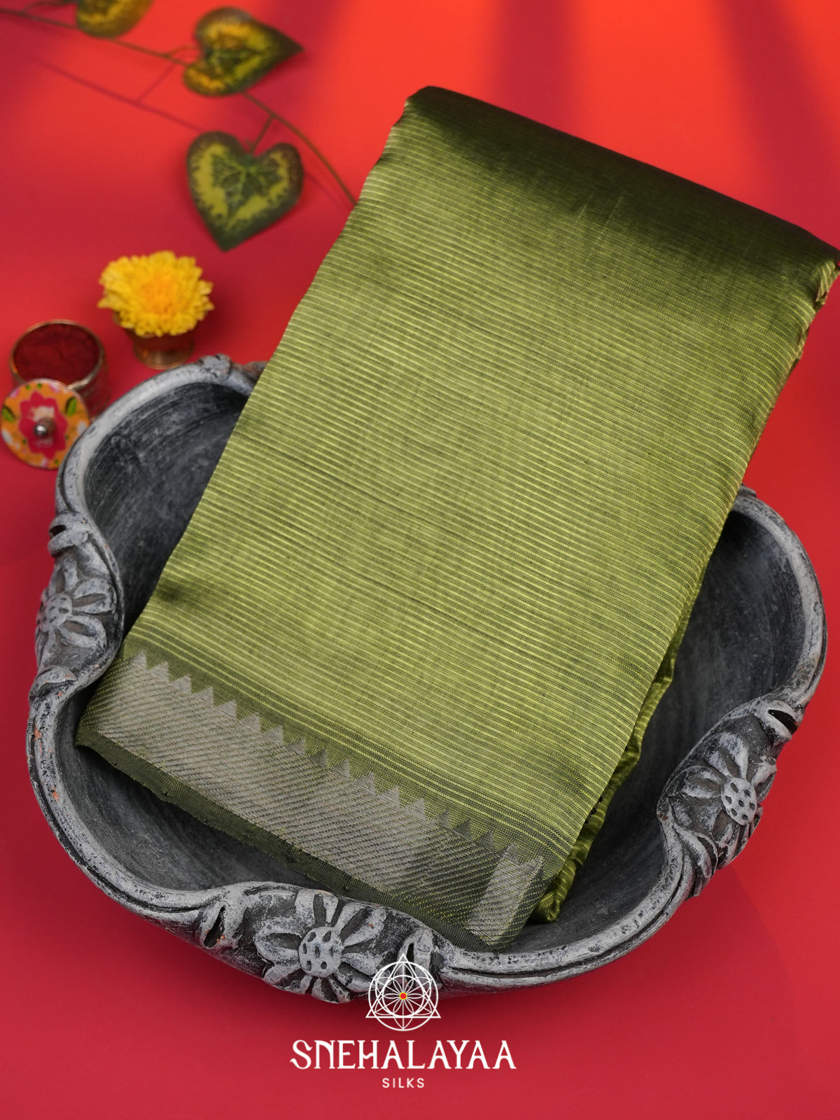 Olive Green Mangalagiri Silk Cotton Saree