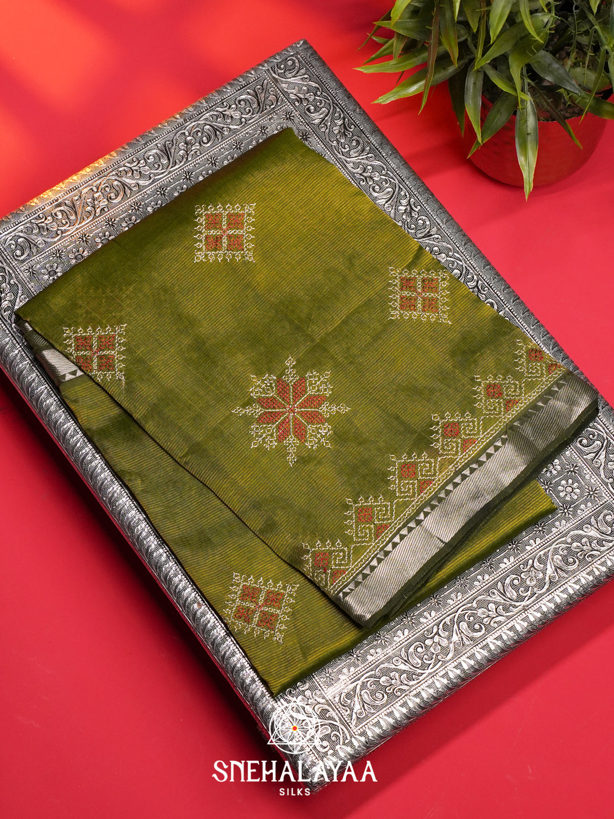 Olive Green Mangalagiri Silk Cotton Saree