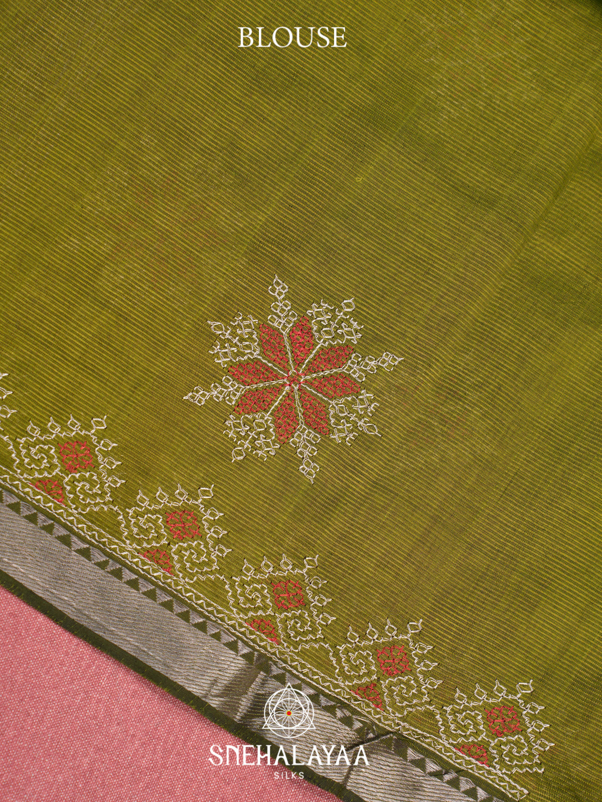 Olive Green Mangalagiri Silk Cotton Saree