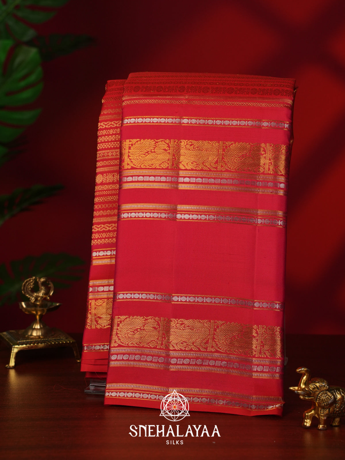 Coral Red Kanjivaram Silk Saree
