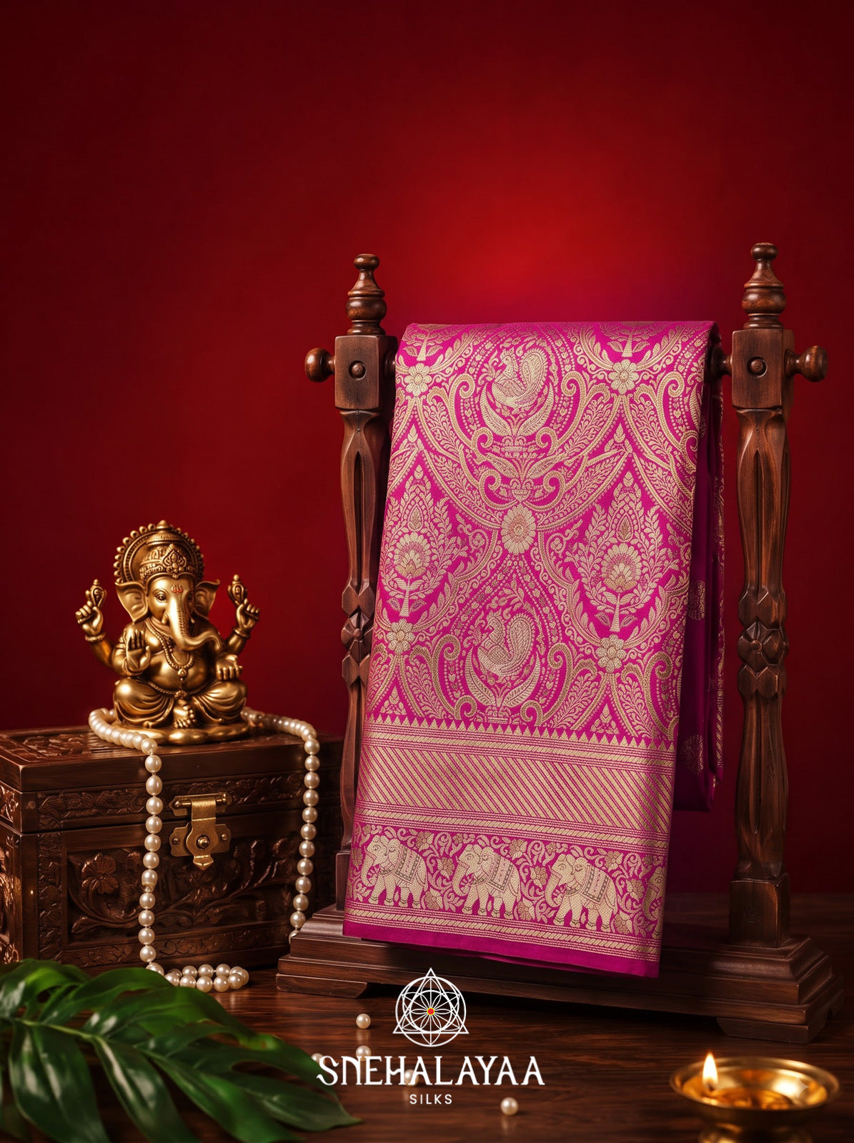 Pink Kanjivaram Silk Saree with Peacock & Elephant Zari Weaving