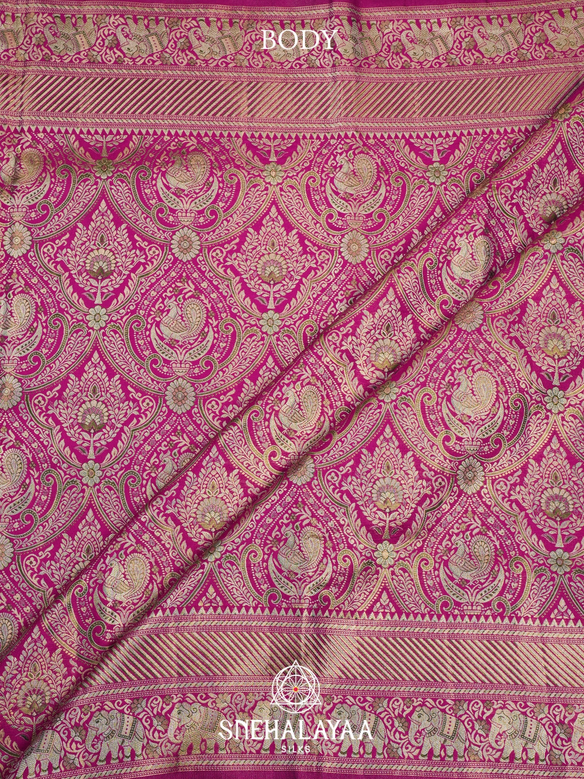 Pink Kanjivaram Silk Saree with Peacock & Elephant Zari Weaving