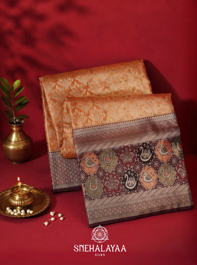 Orange Kanjivaram Silk Saree with Maroon Traditional Motif Border
