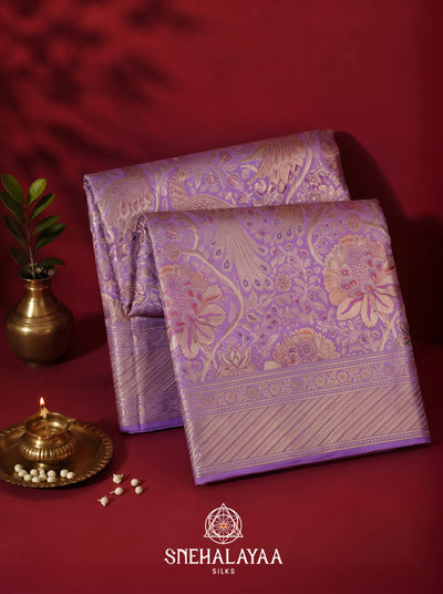 Lavender Peacock & Floral Zari Kanjivaram Silk Saree