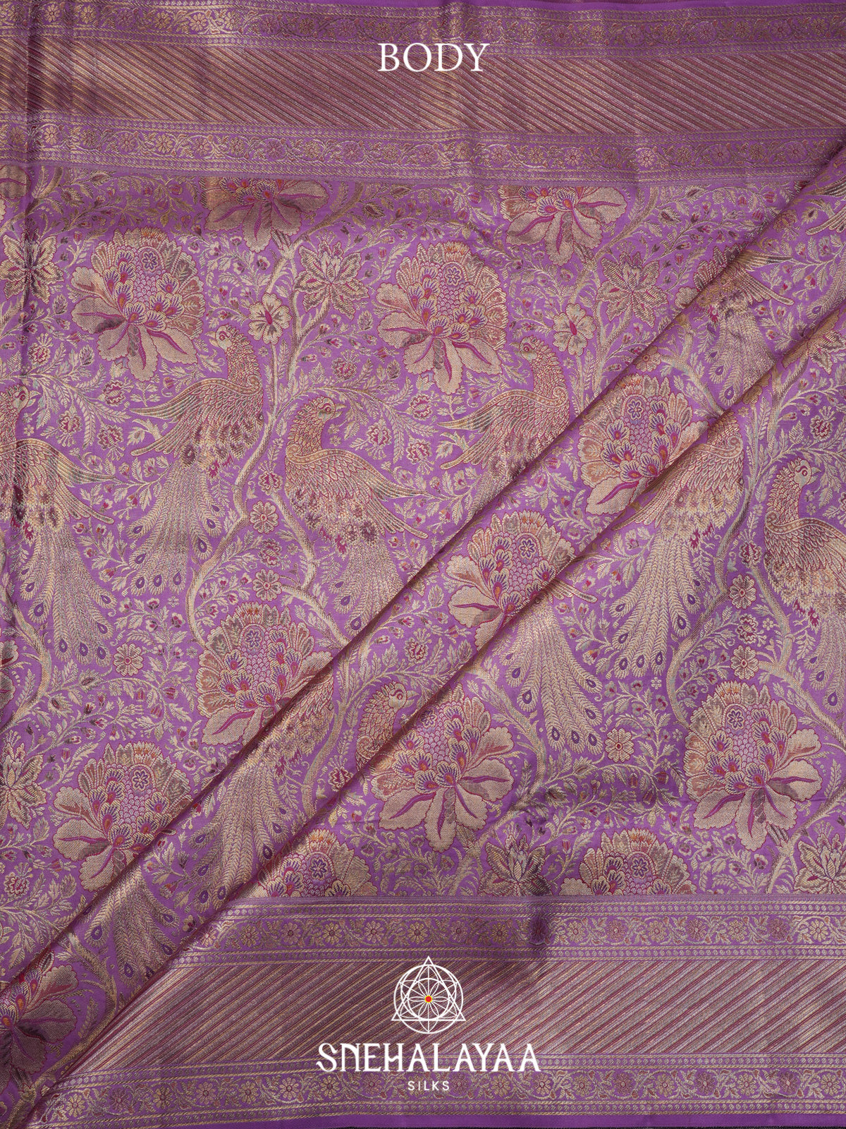 Lavender Peacock & Floral Zari Kanjivaram Silk Saree