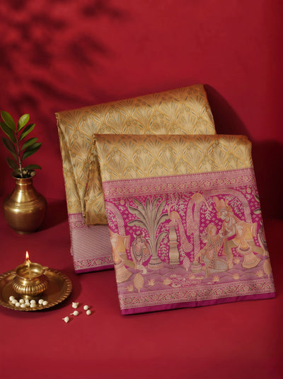 Mustard Yellow Kanjivaram Silk Saree with Rani Pink Traditional Zari Border