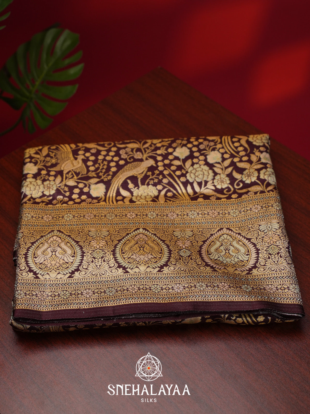 Wine Brocade Kanjivaram Silk Saree with Floral and Peacock Zari Weaving