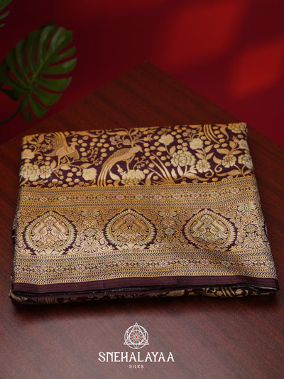 Wine Brocade Kanjivaram Silk Saree with Floral and Peacock Zari Weaving
