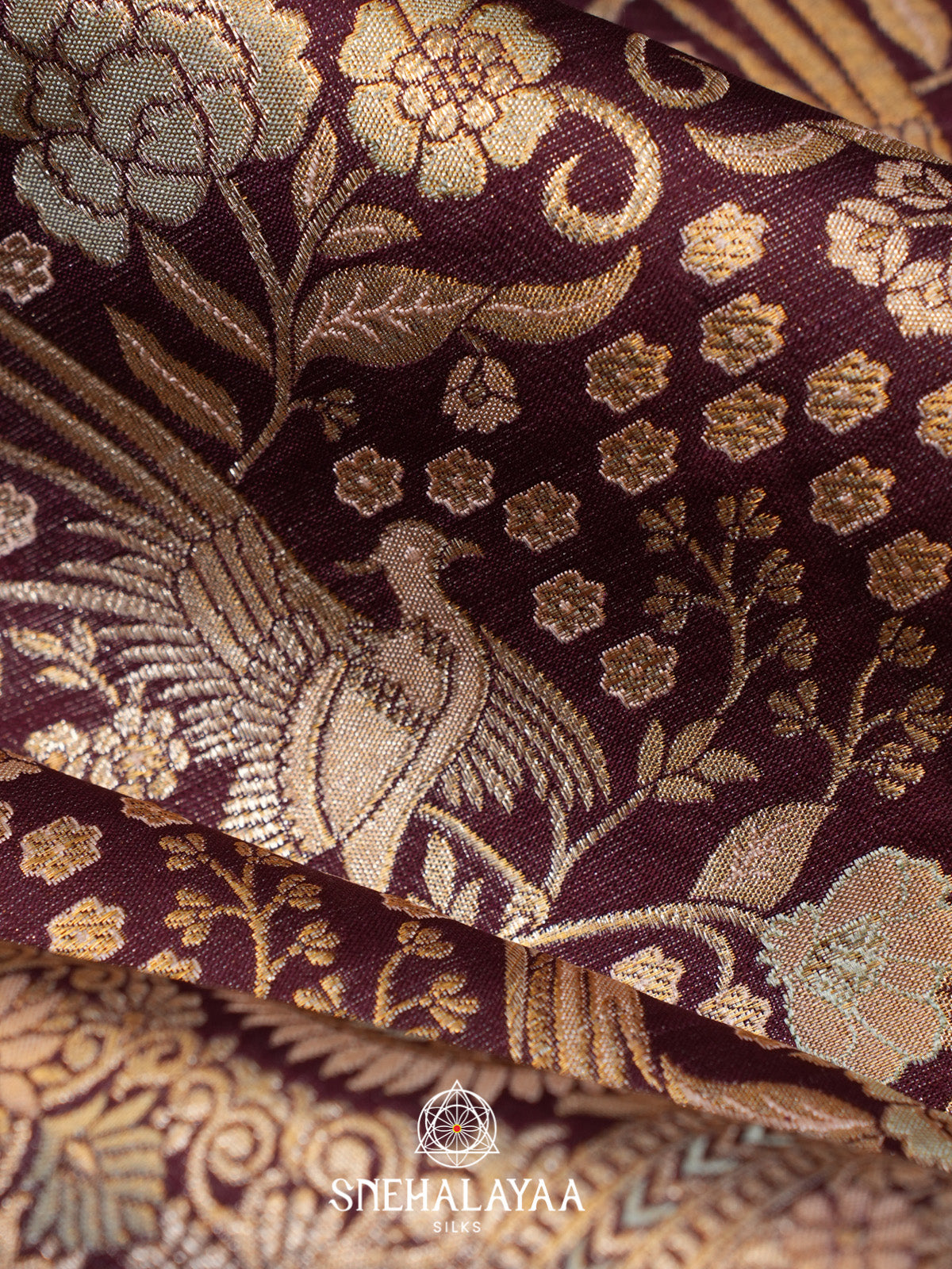 Wine Brocade Kanjivaram Silk Saree with Floral and Peacock Zari Weaving