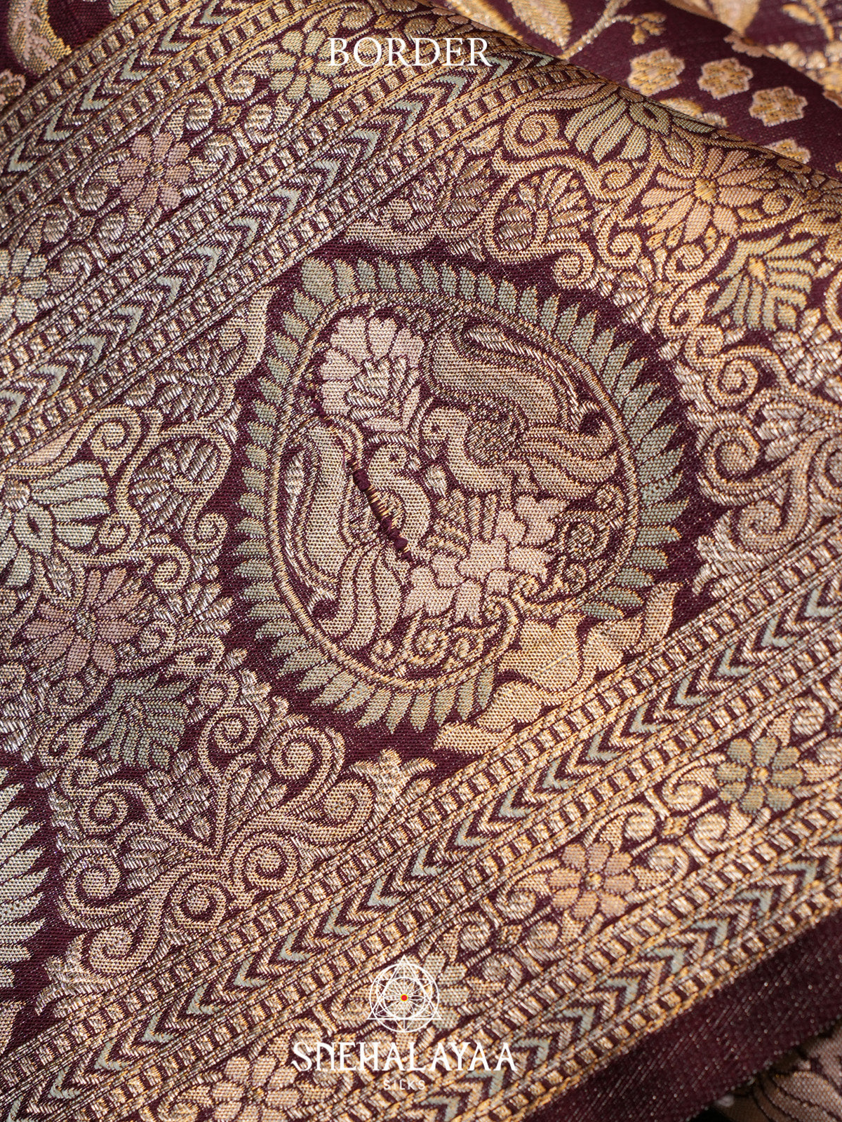 Wine Brocade Kanjivaram Silk Saree with Floral and Peacock Zari Weaving