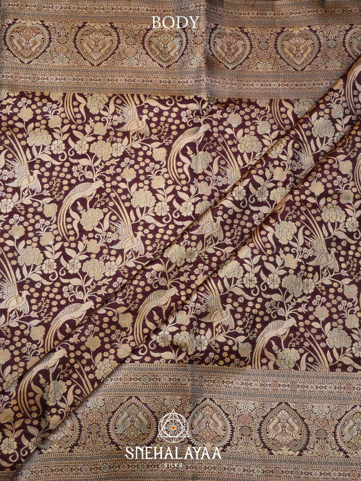 Wine Brocade Kanjivaram Silk Saree with Floral and Peacock Zari Weaving