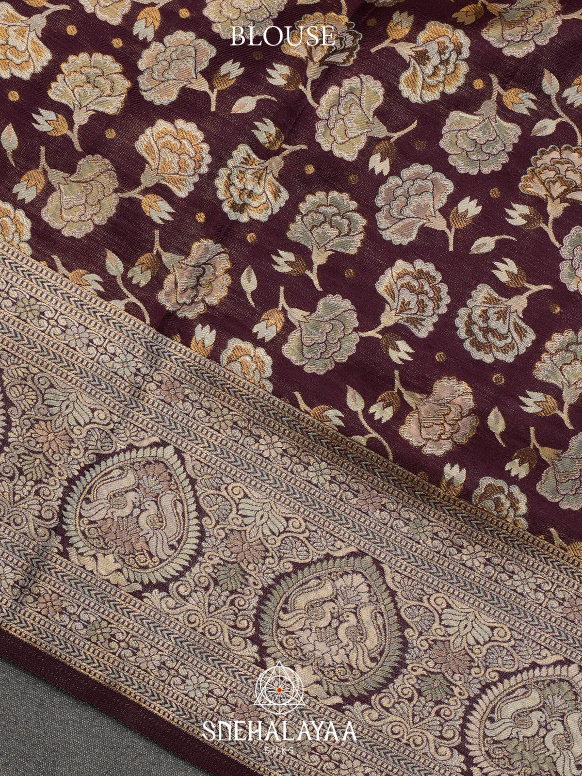 Wine Brocade Kanjivaram Silk Saree with Floral and Peacock Zari Weaving