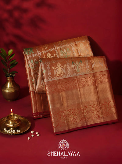 Copper Brown Kanjivaram Silk Saree with Multicolour Traditional Motifs and Maroon Zari Border