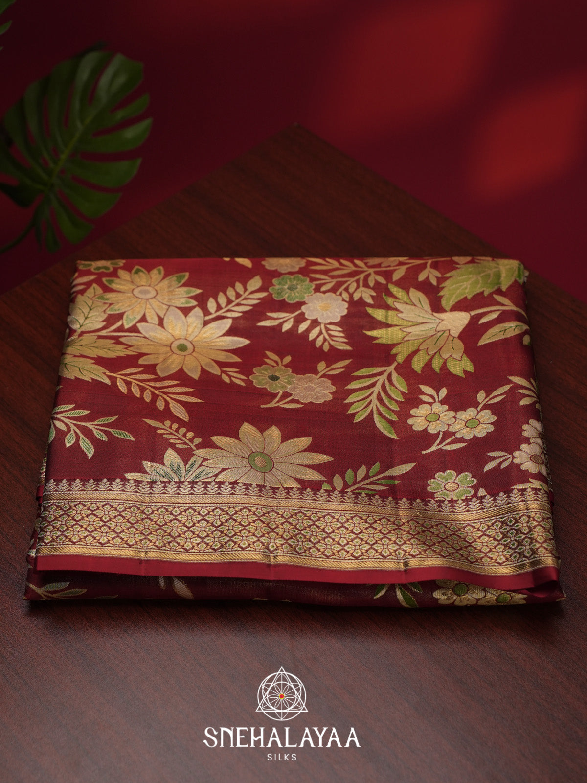 Rust Red Kanjivaram Silk Saree with Floral Zari Design