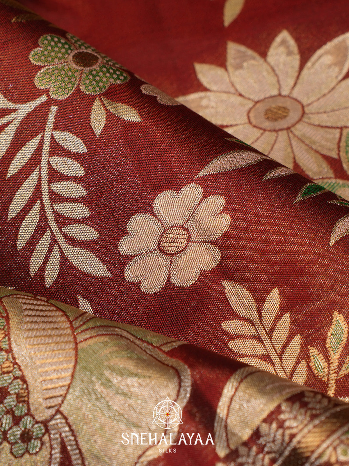 Rust Red Kanjivaram Silk Saree with Floral Zari Design