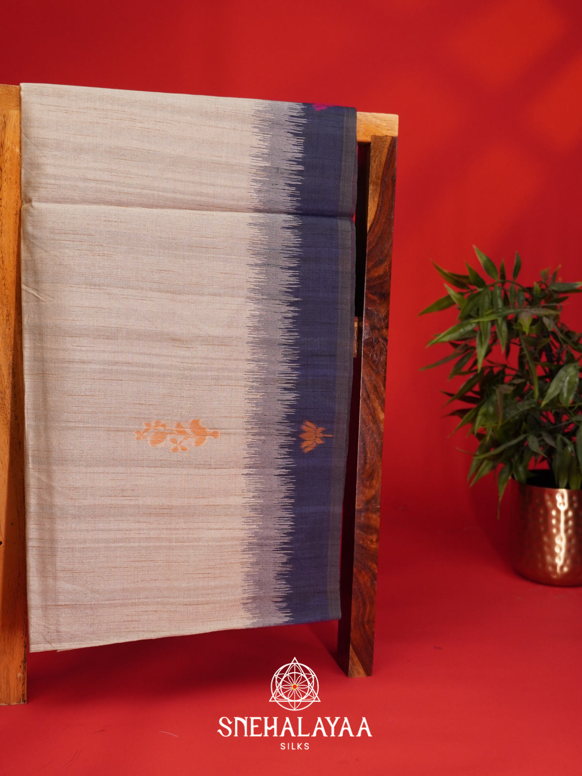 Beige With Midnight Blue Border Tussar Saree
