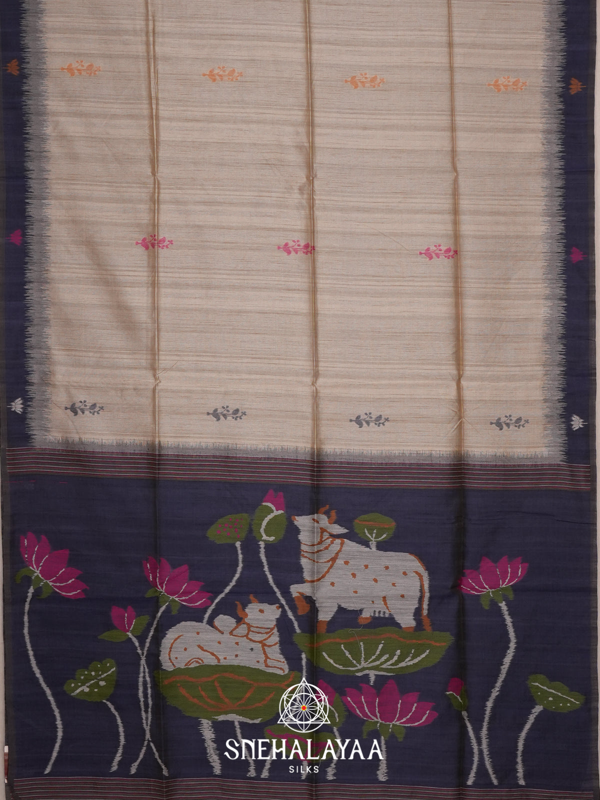 Beige With Midnight Blue Border Tussar Saree