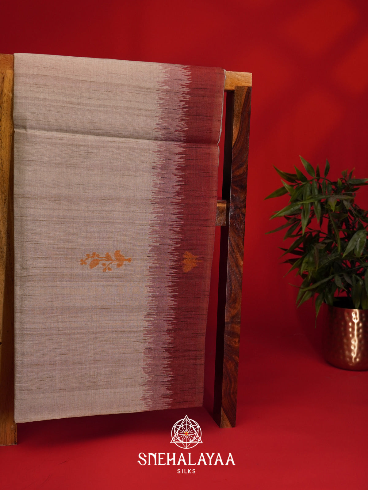 Beige With Maroon Border Tussar Saree