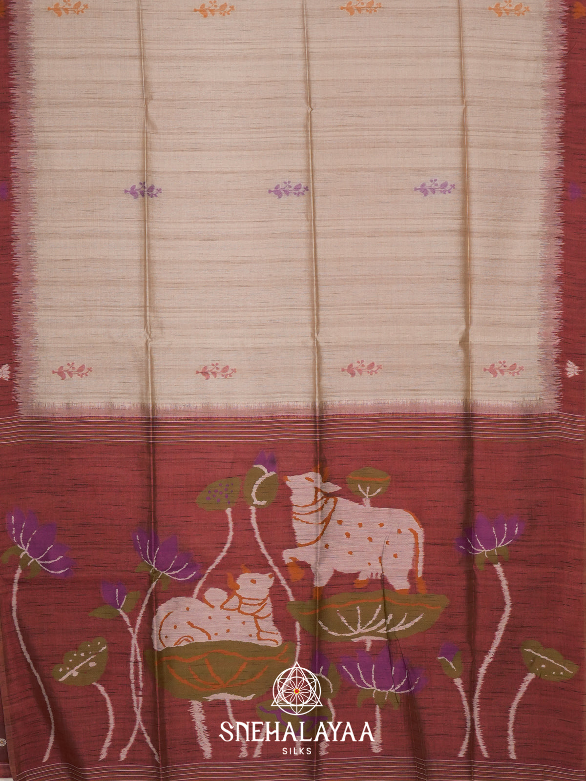 Beige With Maroon Border Tussar Saree
