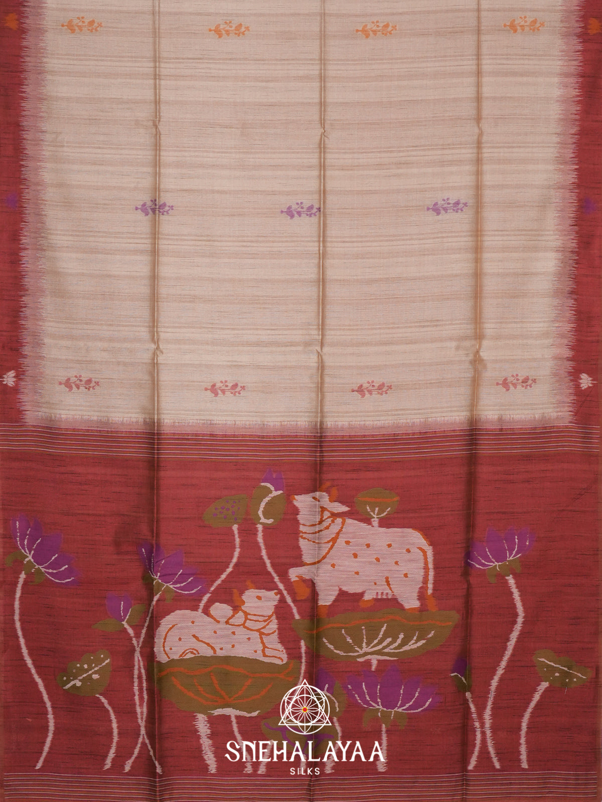 Beige With Maroon Border Tussar Saree