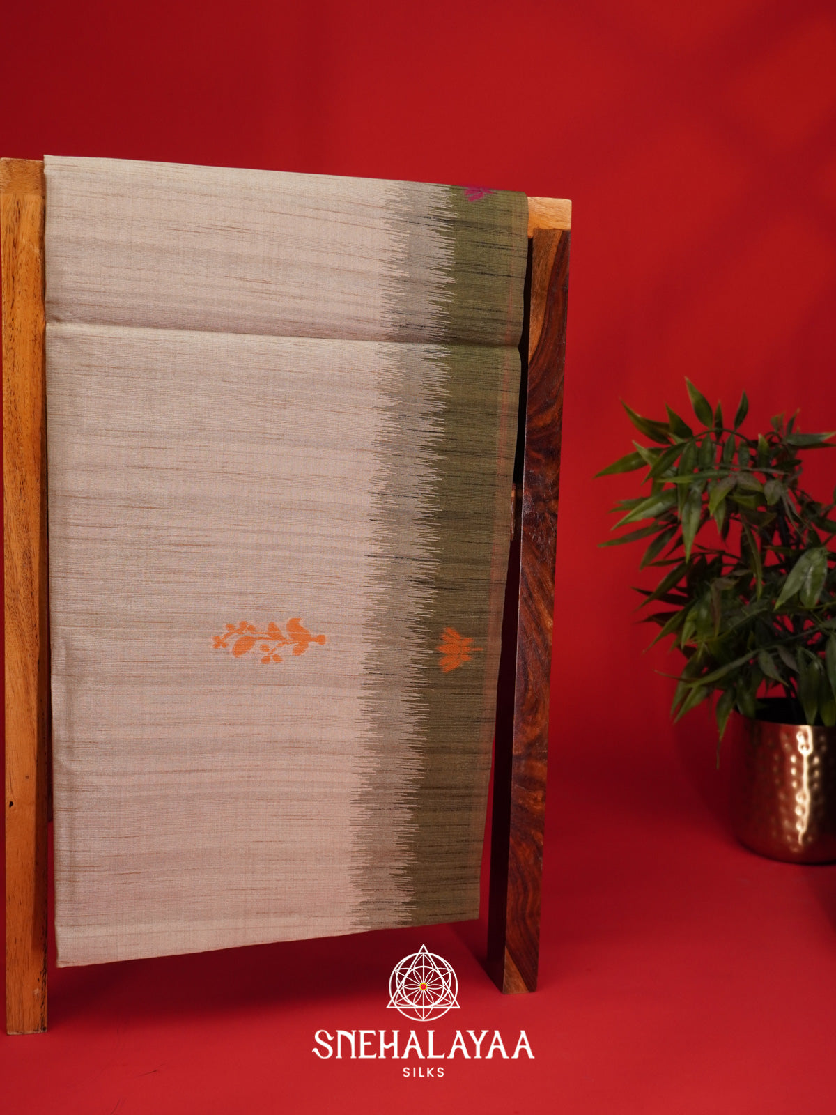 Beige With Olive Green Border Tussar Saree