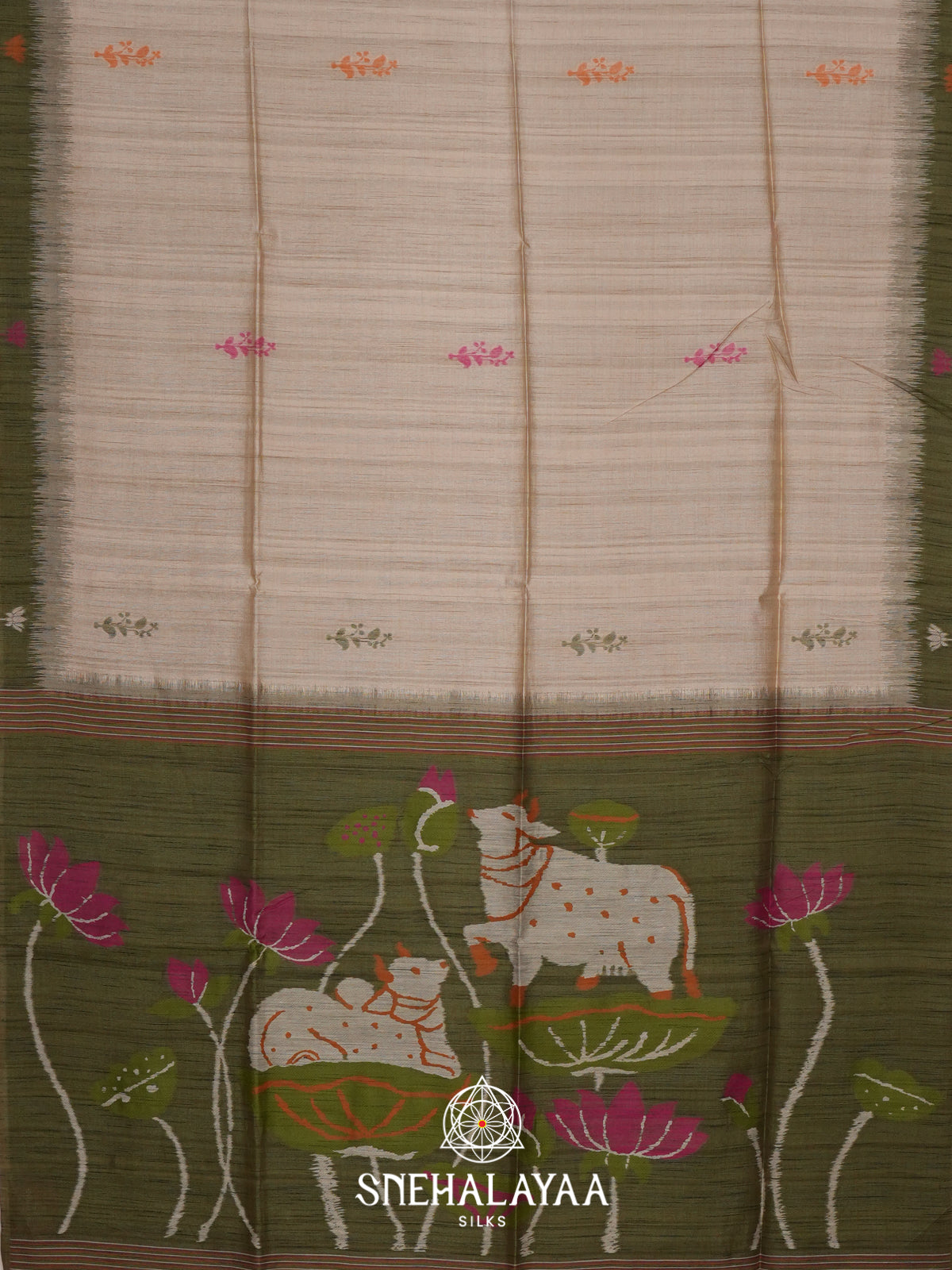 Beige With Olive Green Border Tussar Saree