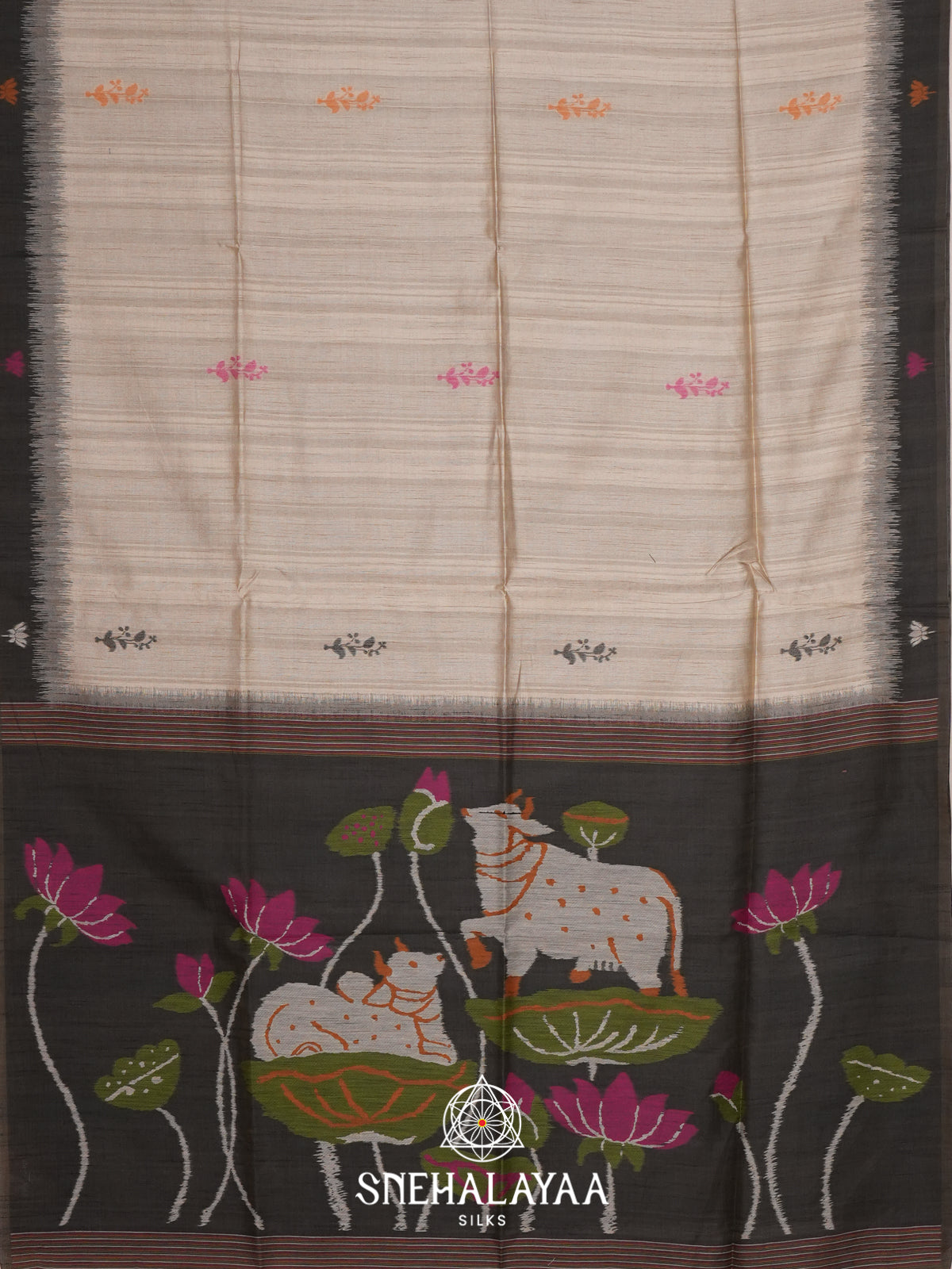 Beige With Black Border Tussar Saree