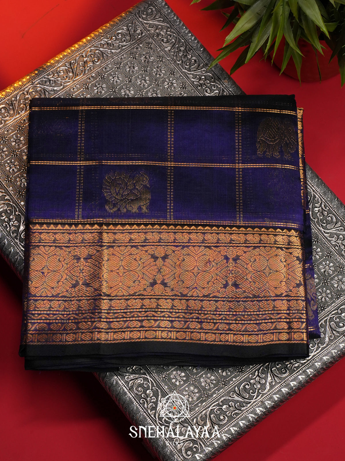 Navy Blue Kuppadam Silk Cotton Saree