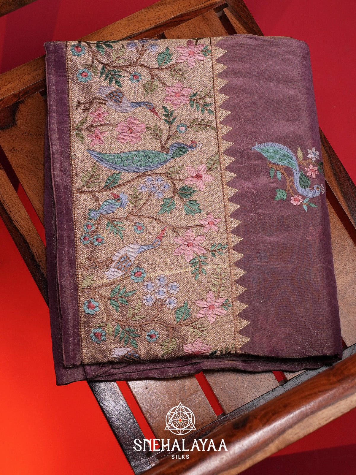 Wine Tissue Saree with Paithani Design