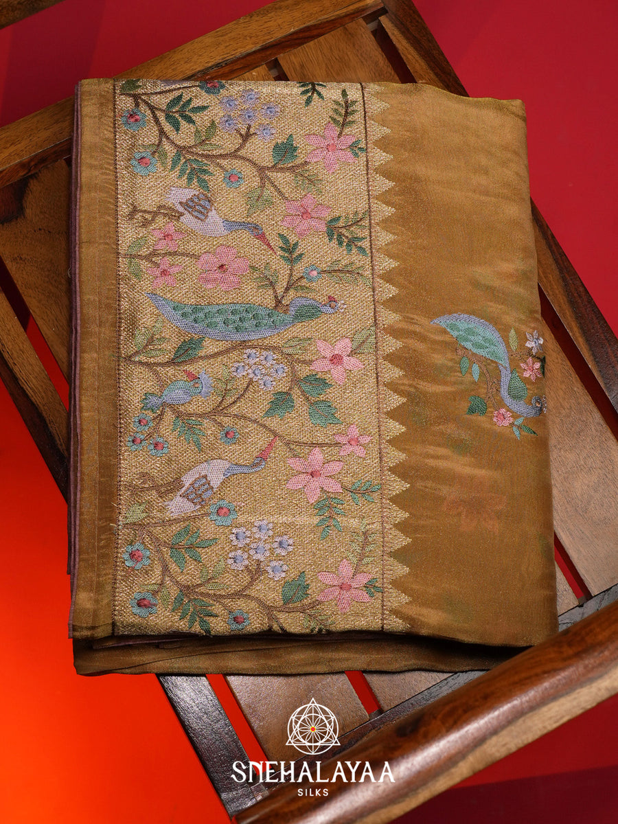 Mustard Yellow Tissue Saree with Paithani Design