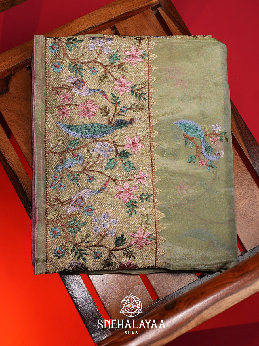 Sage Green Tissue Saree with Paithani Design
